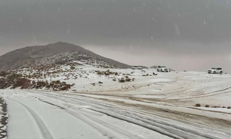 استنفار أمني في تبوك مع تساقط الثلوج على جبل اللوز