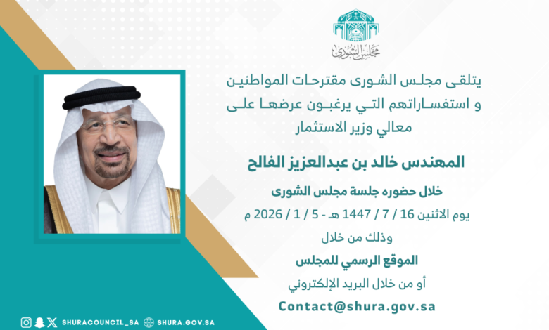 الفالح في الشورى: مناقشة أداء وزارة الاستثمار وخططها المستقبلية