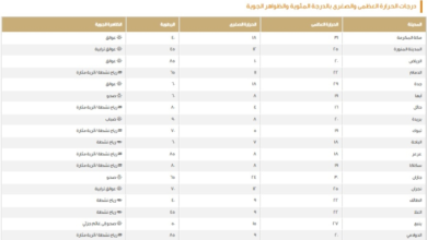درجات الحرارة العظمى في السعودية اليوم: الدمام 22 ومكة 31