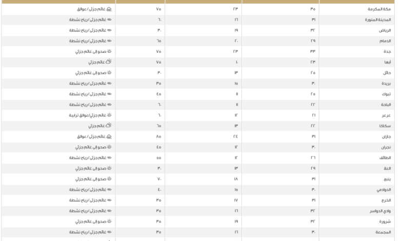 درجات الحرارة العظمى اليوم في السعودية: الدمام 29 ومكة 35