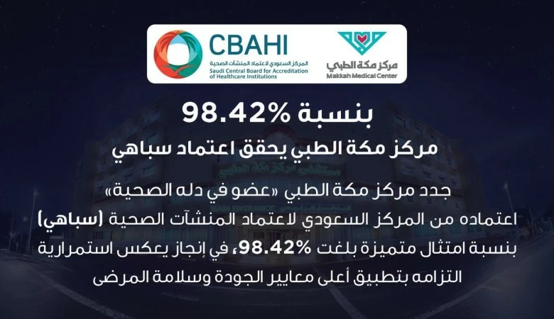 مستشفى مركز مكة الطبي يحصد اعتماد سباهي بنسبة 98.42%
