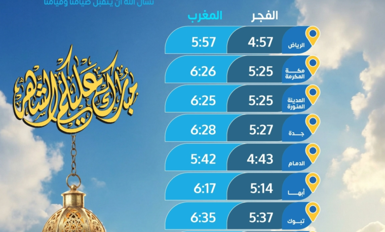 مواعيد الإمساك والإفطار الاثنين 13 رمضان في السعودية