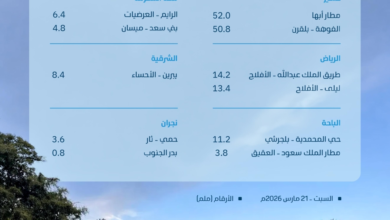 هطول أمطار في 9 مناطق سعودية وعسير تتصدر بـ 52 ملم