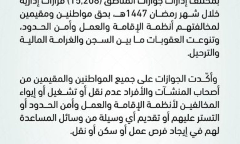 الجوازات تصدر 15 ألف قرار بحق المخالفين: سجن وغرامة