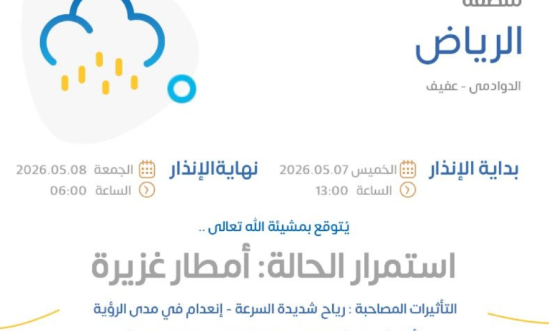الأرصاد يمدد الإنذار الأحمر على الرياض لأمطار غزيرة وسيول