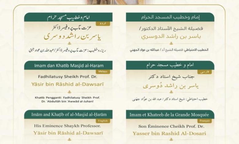 أئمة الحرمين الشريفين لصلاة الجمعة: تكليف الدوسري والبدير